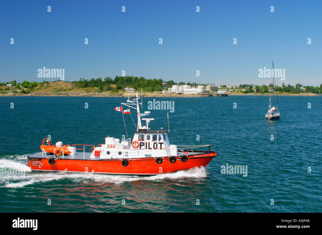 Nave pilota e yacht in ingresso al porto di Victoria Foto Stock