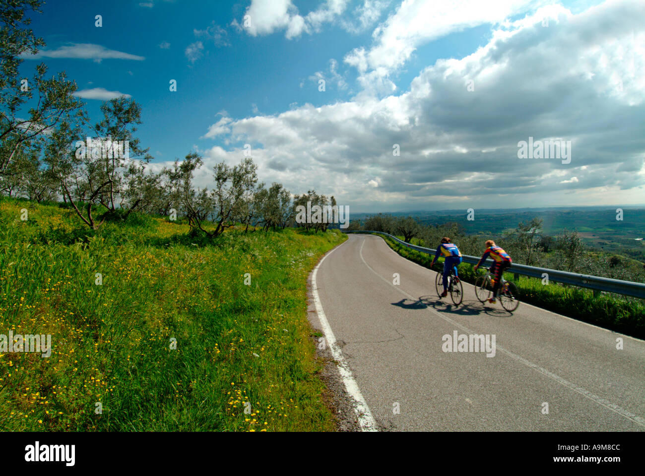 Strada di campagna con due ciclisti bikerider in Toscana Toscana Foto Stock