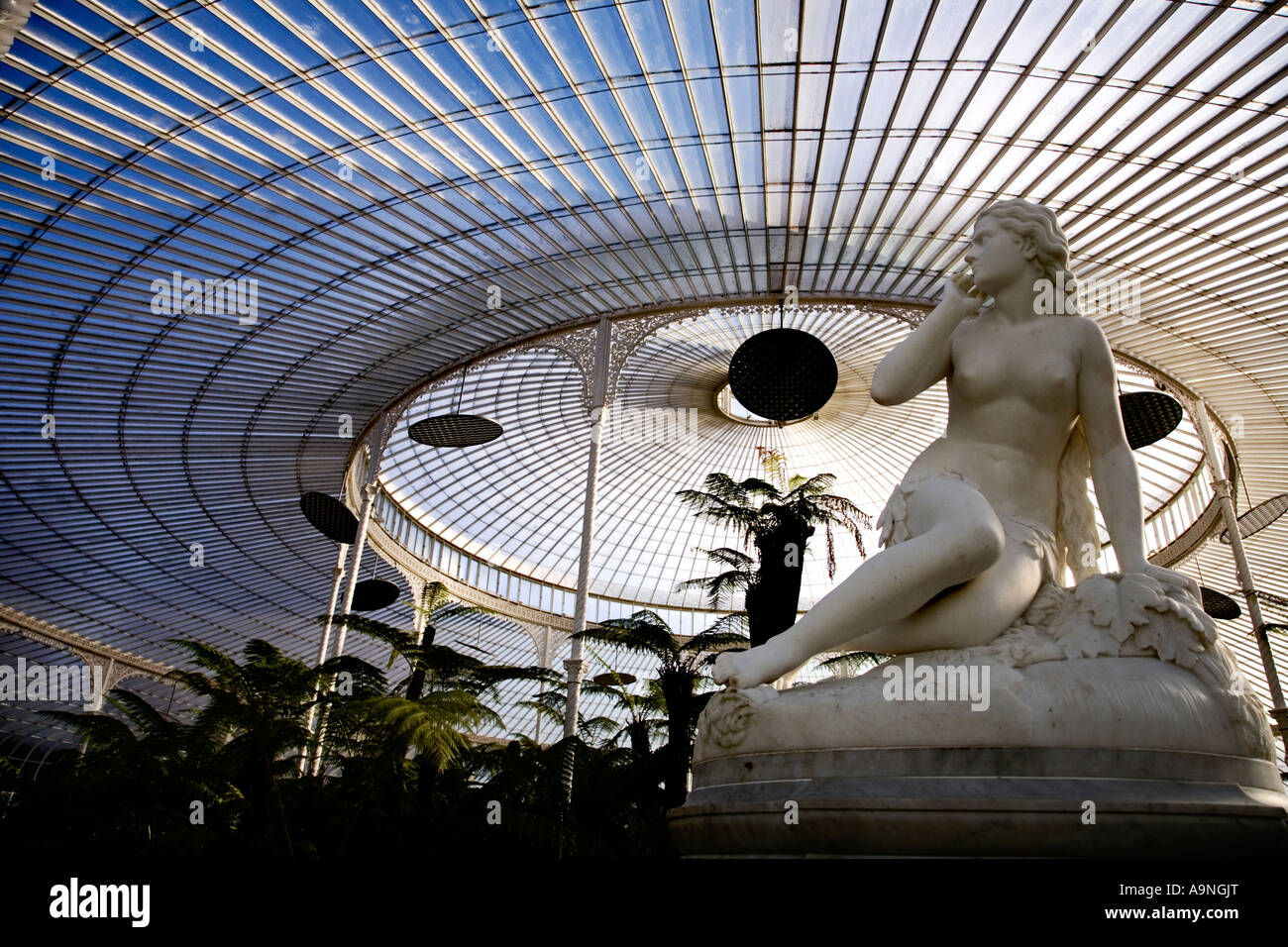 Statua di Capodanno presso il palazzo di kibble serra vittoriana Botanical Gardens, Glasgow, Scozia. Foto Stock