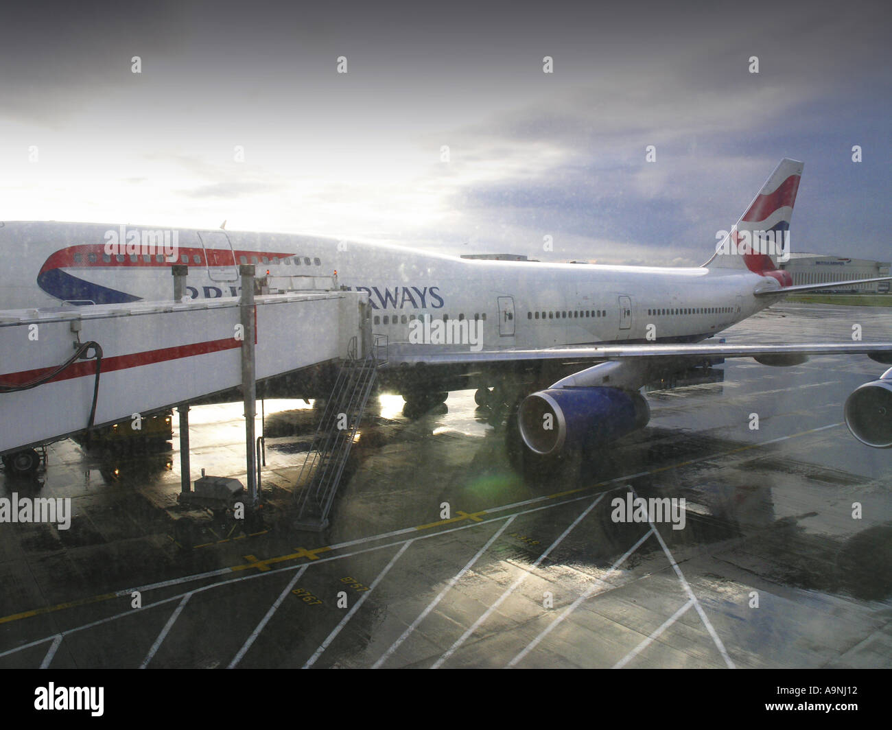 Aeroporto di heathrow Londra Inghilterra gran bretagna aeroporto del Regno Unito pioggia piano meteo mosca bagnata di arresto Foto Stock