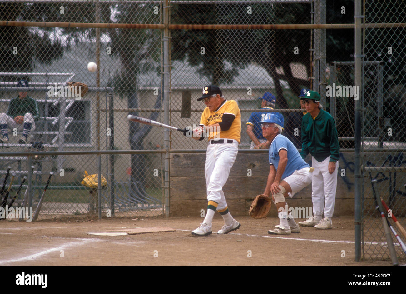 Senior softball player batting durante il gioco. Foto Stock
