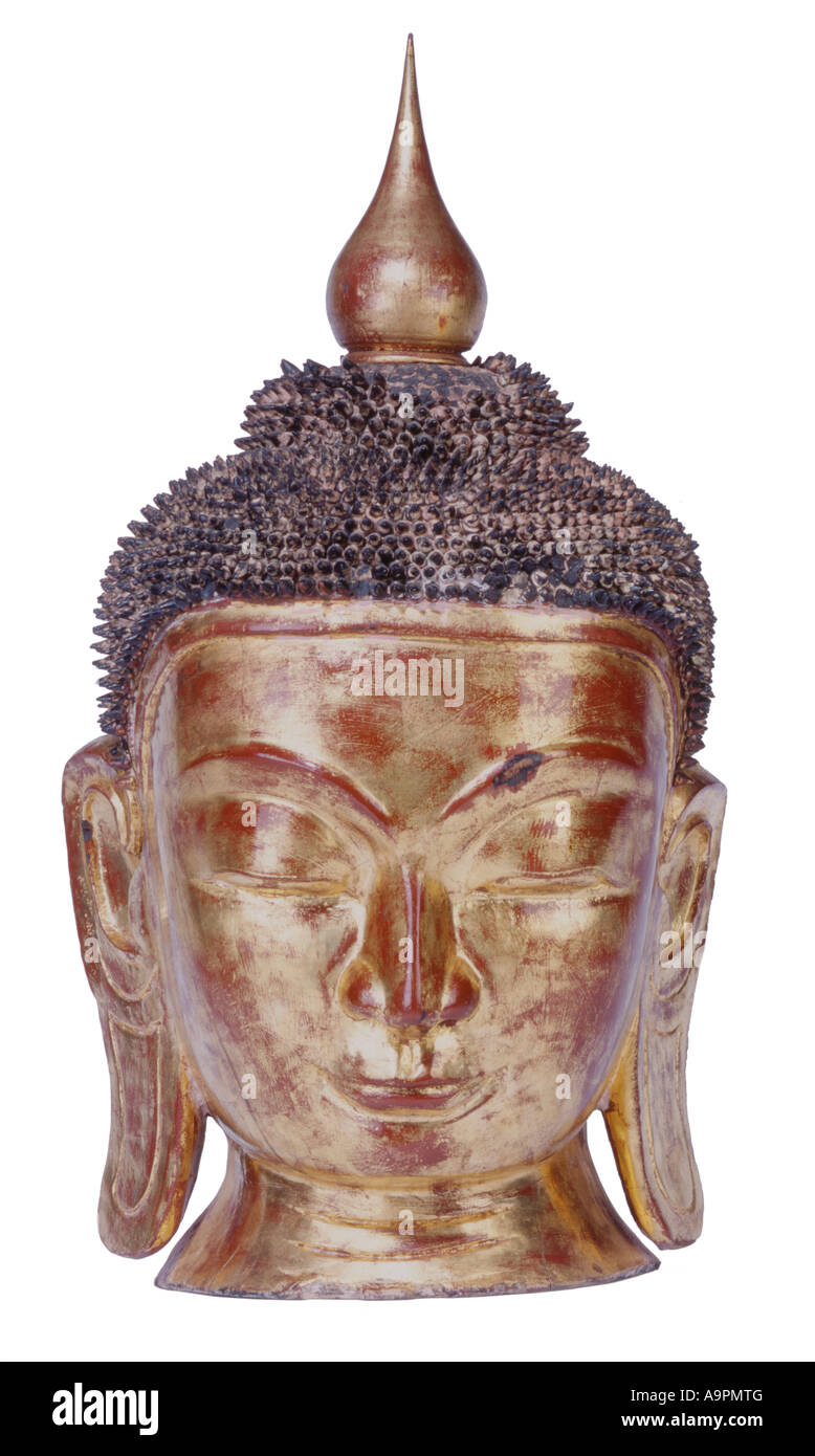 Testa di Buddha in legno Foto Stock