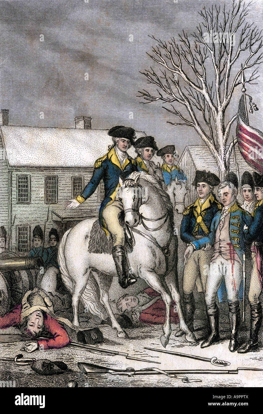 Hessian commander Rall mortalmente feriti durante l'attacco americano su Trenton New Jersey Dicembre 1776. Incisione a colori Foto Stock