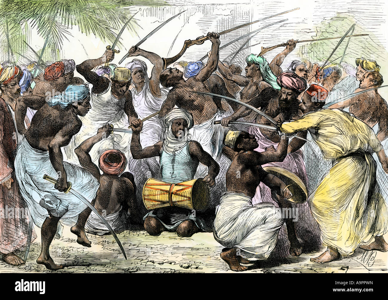 Danza di guerra del Sultano di Zanzibar s truppe irregolari 1880. Colorate a mano la xilografia Foto Stock