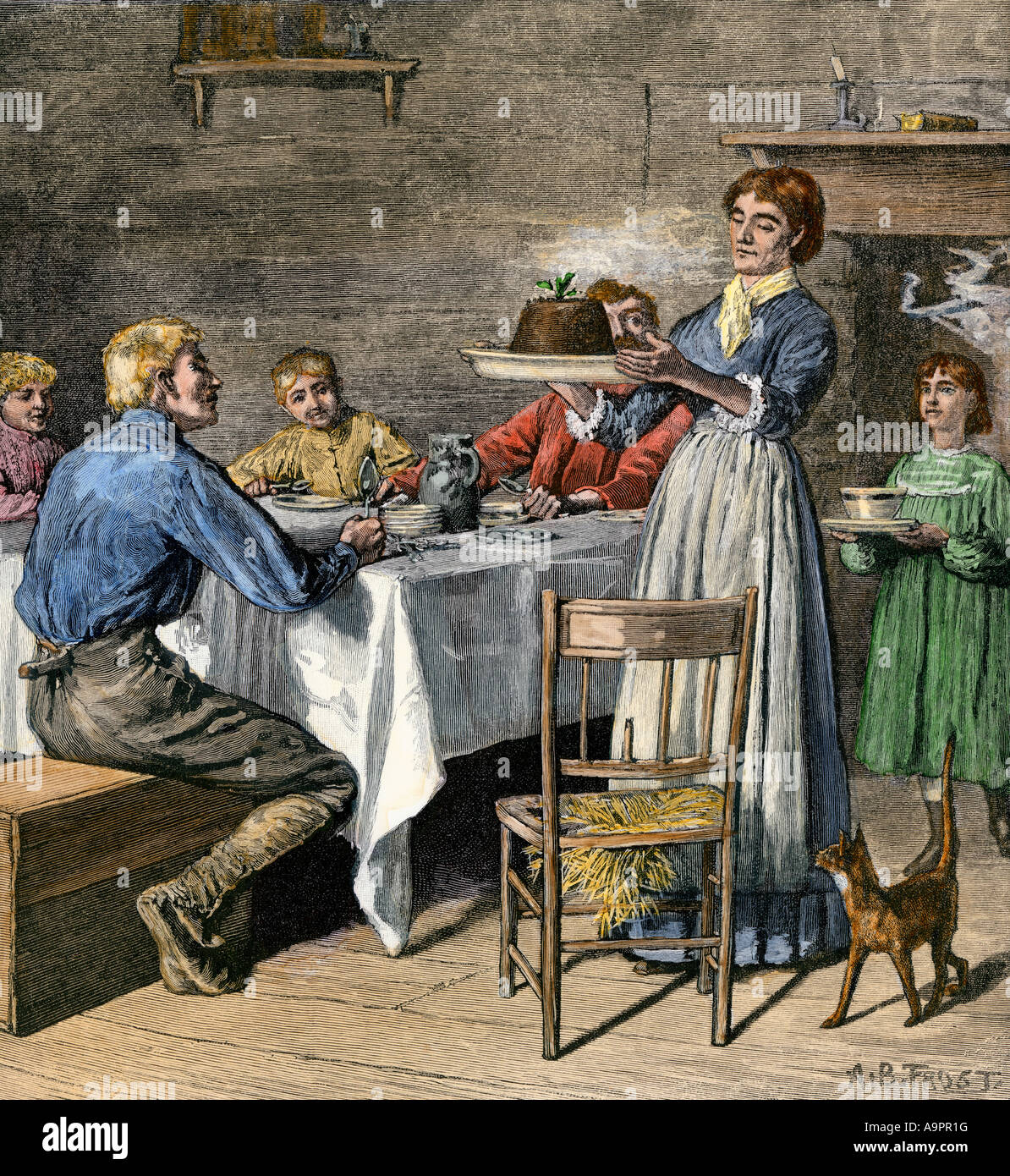 Budino di prugne servita per una famiglia di frontiera cena di Natale 1800s. Colorate a mano la xilografia Foto Stock