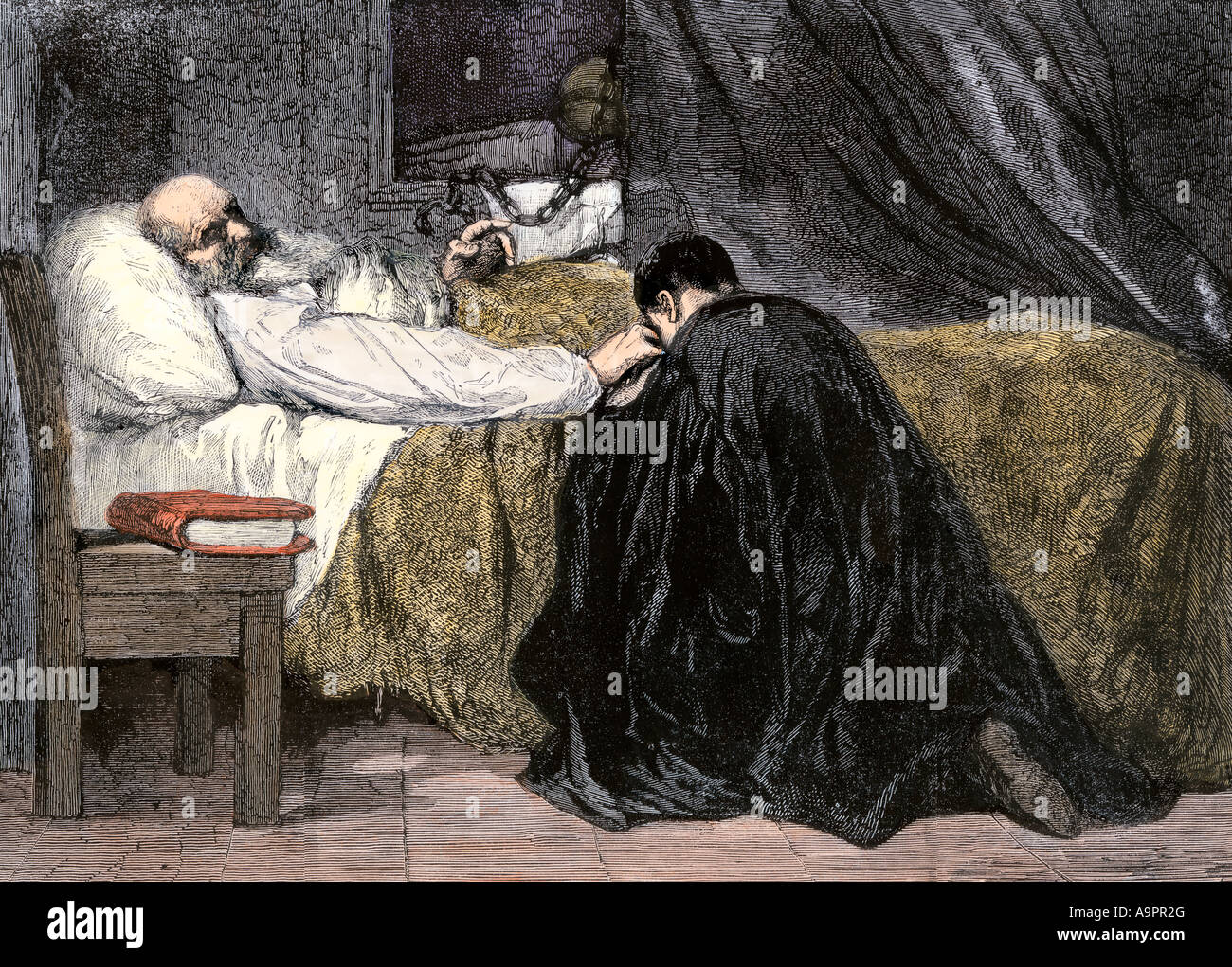 La morte di Cristoforo Colombo in povertà in Spagna 1506. Colorate a mano la xilografia Foto Stock