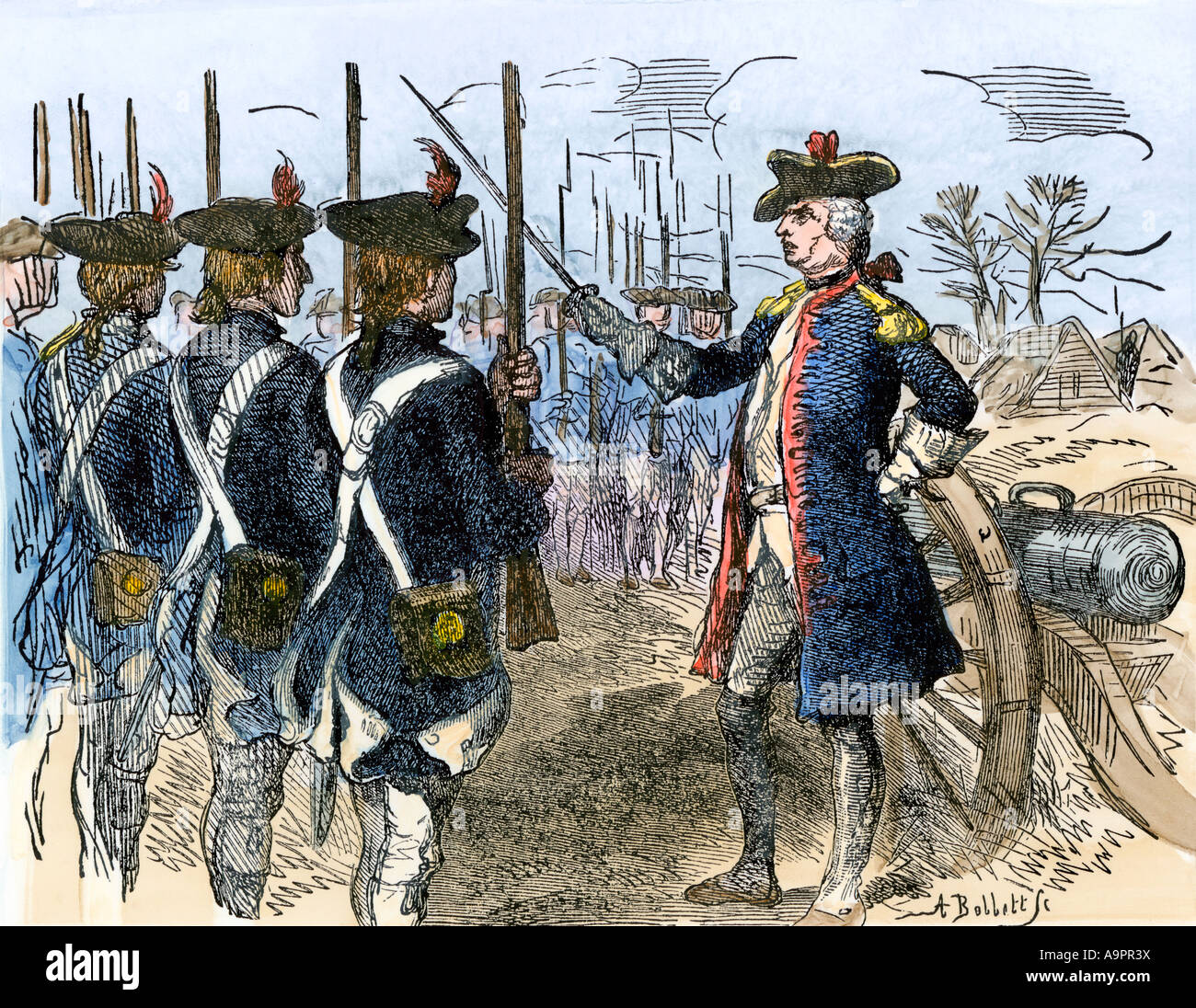 Il barone Friedrich Wilhelm von Steuben la foratura delle truppe americane a Valley Forge durante la guerra rivoluzionaria. Colorate a mano la xilografia Foto Stock