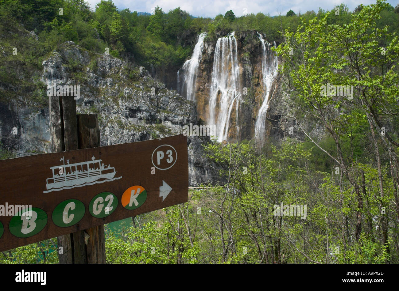 Croazia il parco nazionale dei laghi di Plitvice vista delle cascate con cartello turistico in frgd Foto Stock
