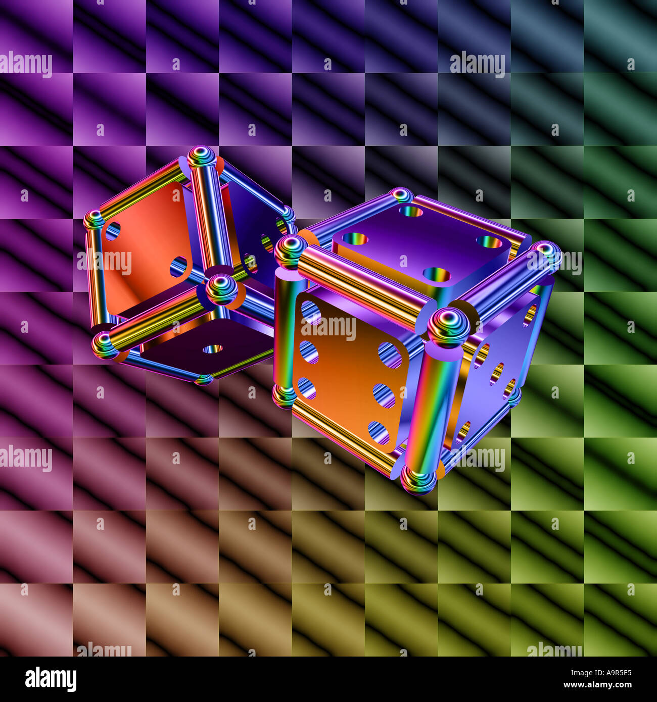 Due dadi di fronte metalliche colorate cercando sfondo Foto Stock