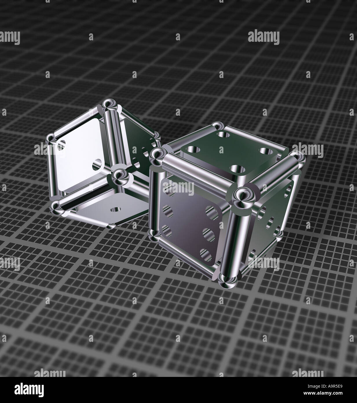 Metallo pesante cercando di dadi di fantasia su una griglia in prospettiva Foto Stock