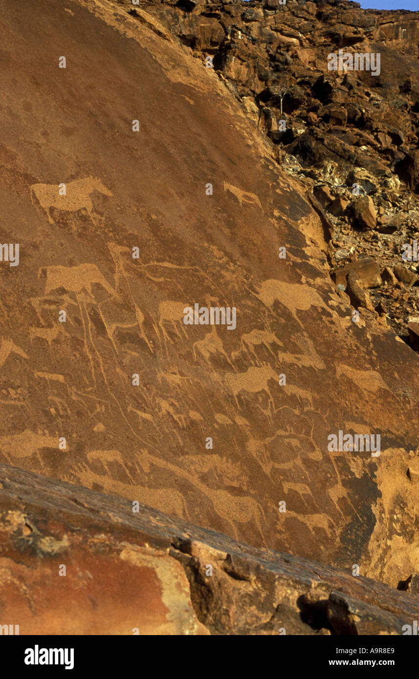 Le incisioni rupestri fatte da San persone o i Boscimani Twfelfontein Monumento Nazionale di Damaraland Namibia settentrionale Africa Foto Stock