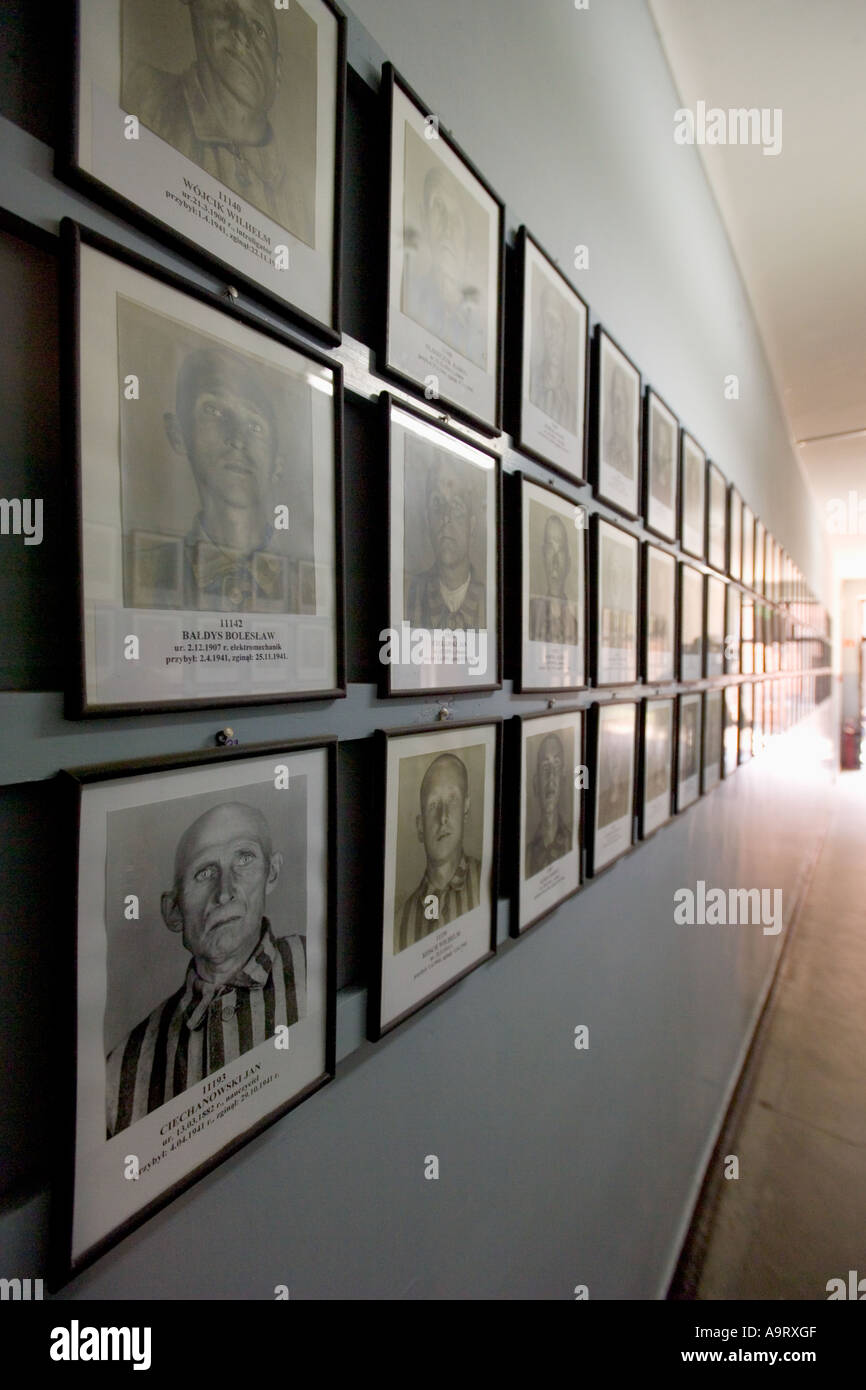 Vittime della Shoah fotografie le pareti in corrispondenza di un blocco prigioniero ad Auschwitz 1 campo di concentramento in Polonia. Foto Stock