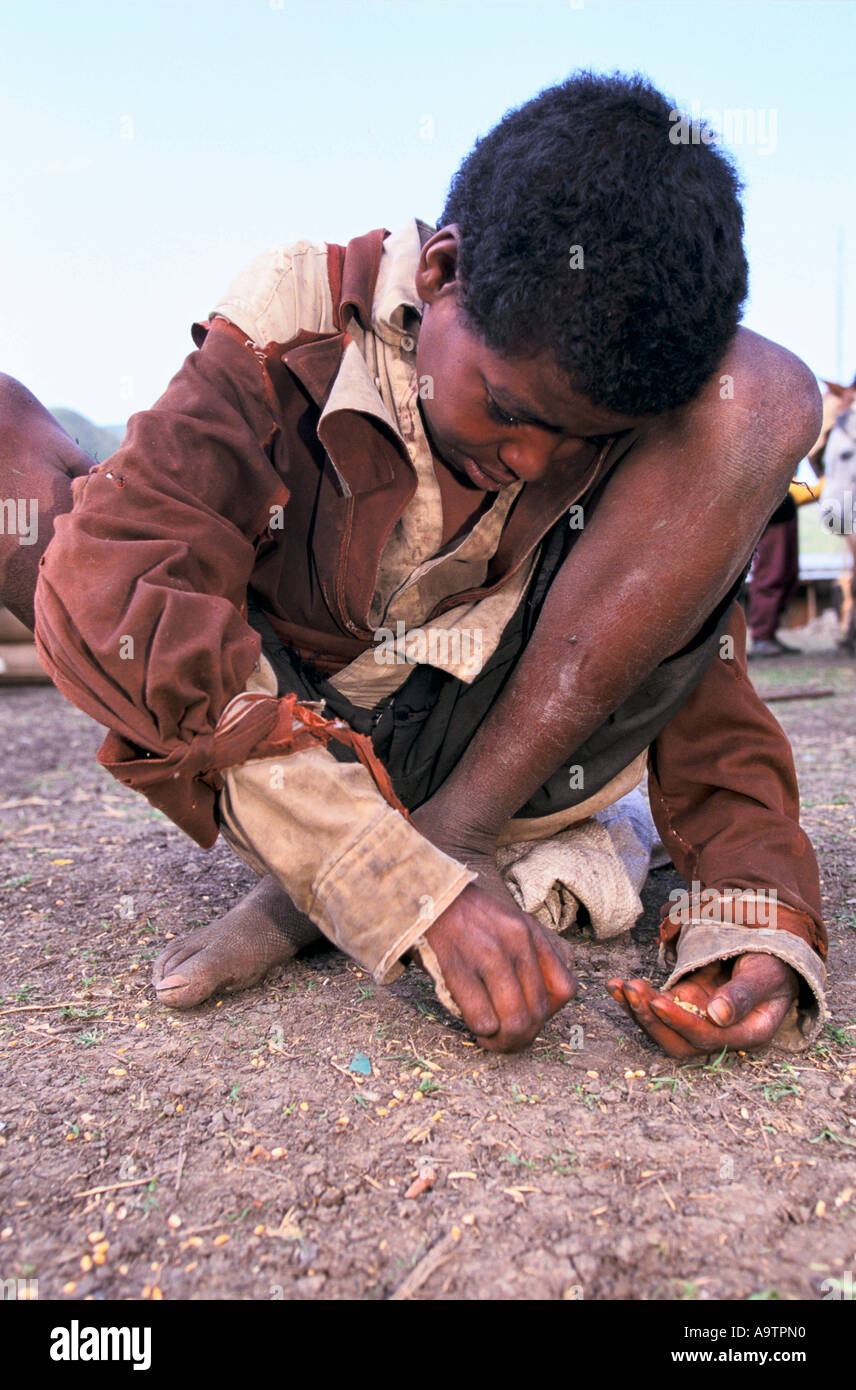 'L'ETIOPIA, inevitabile carestia', Husein Ali,14,raccoglie i semi caduti dopo un cibo IDISTRIBUTION. Egli è un orfano, ma come un singolo giovane uomo che egli non può ricevere aiuti, 1999 Foto Stock