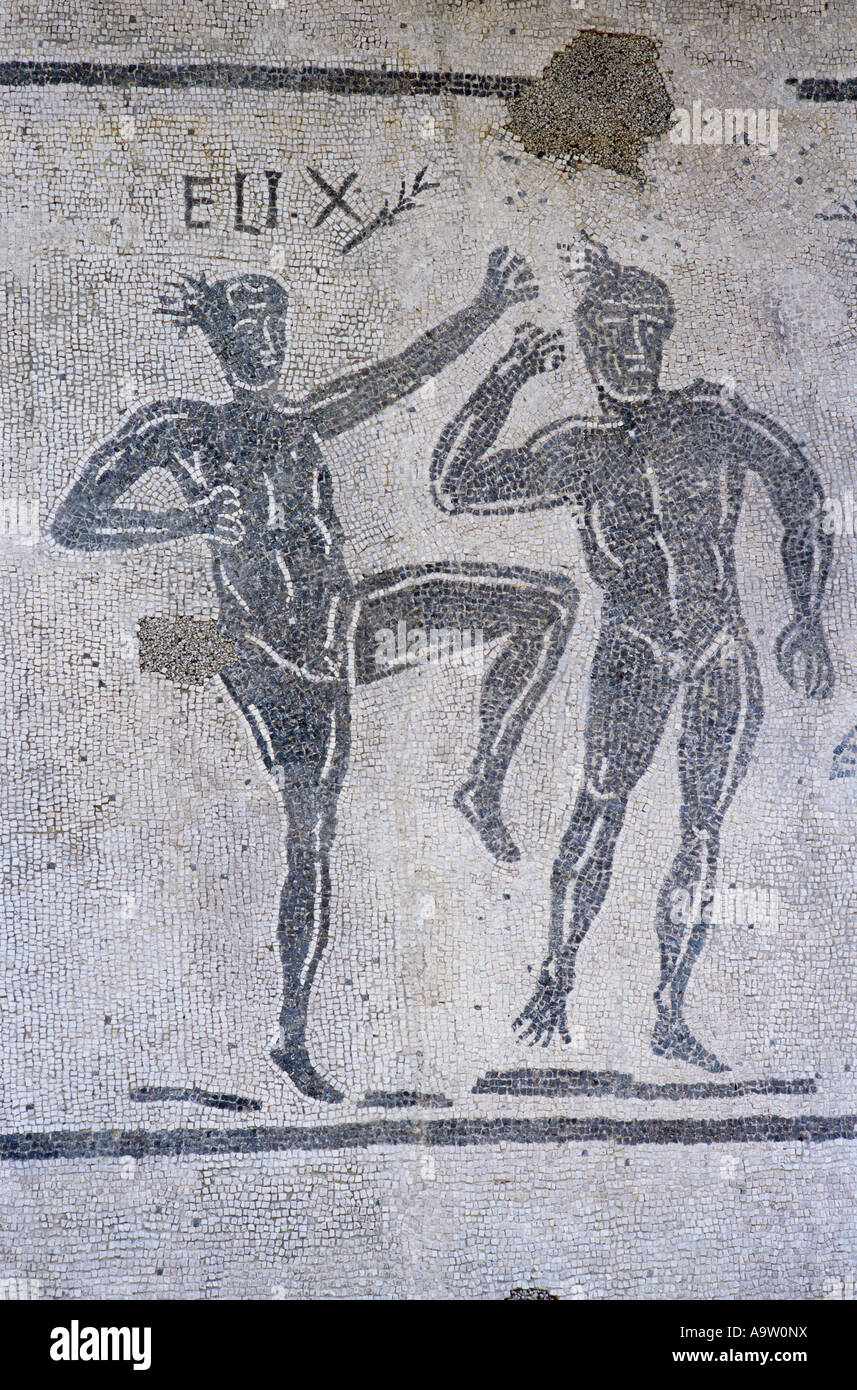 Baia. Campania. L'Italia. Museo Archeologico dei Campi Flegrei Inizio mosaico romano raffigurante i combattenti Foto Stock
