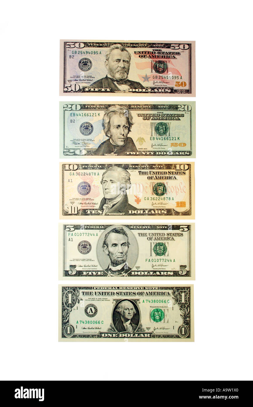 Una selezione di American Le fatture del dollaro da 1 a 50 Foto Stock