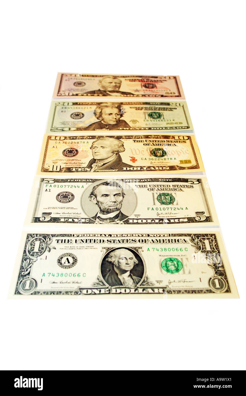 Una selezione di American Le fatture del dollaro da 1 a 50 Foto Stock