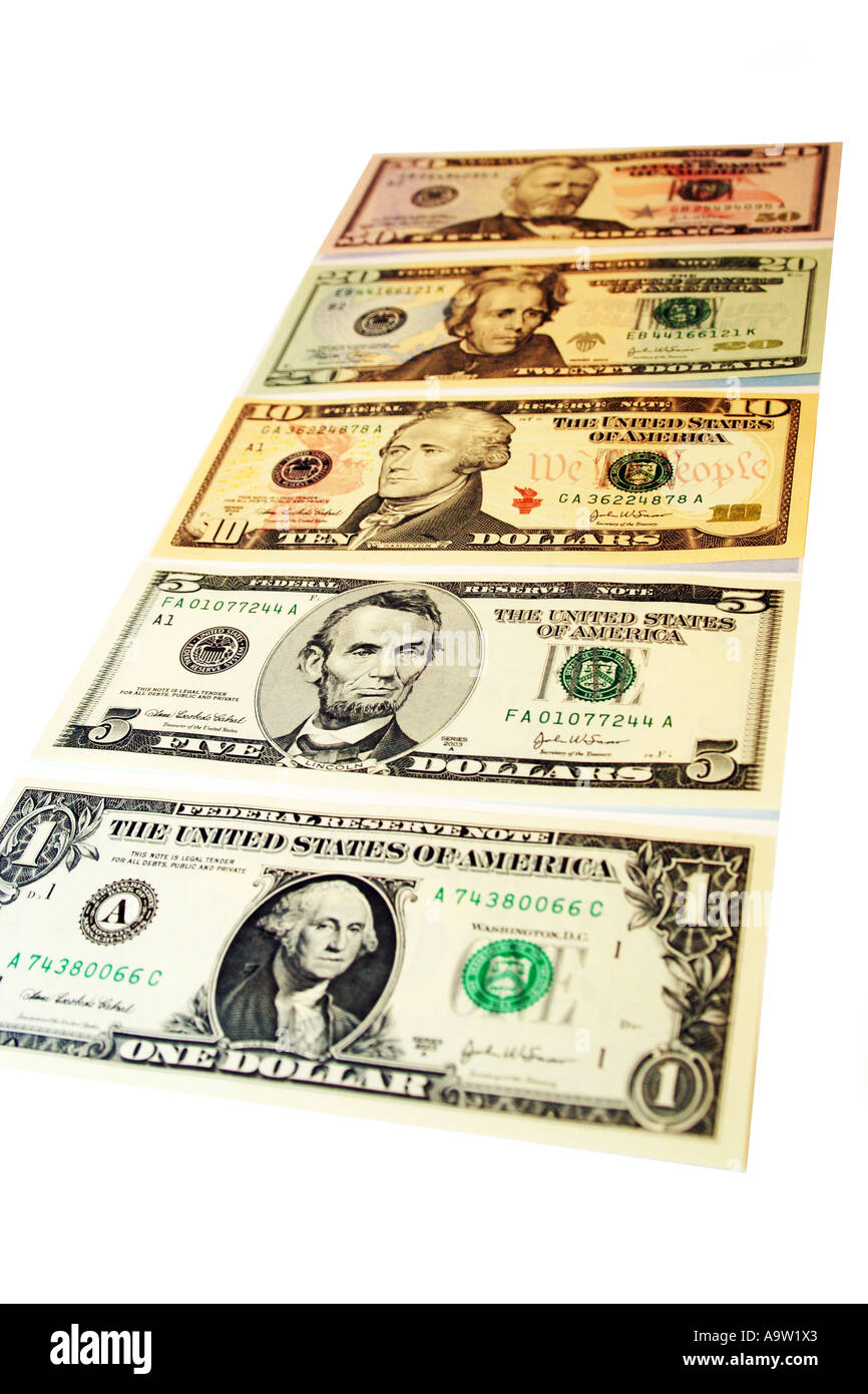 Una selezione di American Le fatture del dollaro da 1 a 50 Foto Stock