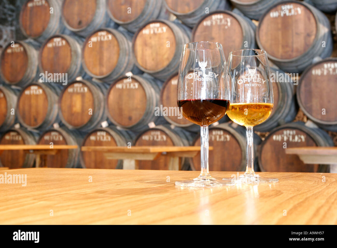 Bicchieri di Ruby Tawny e il porto bianco nelle cantine Offley Porto Portogallo Foto Stock