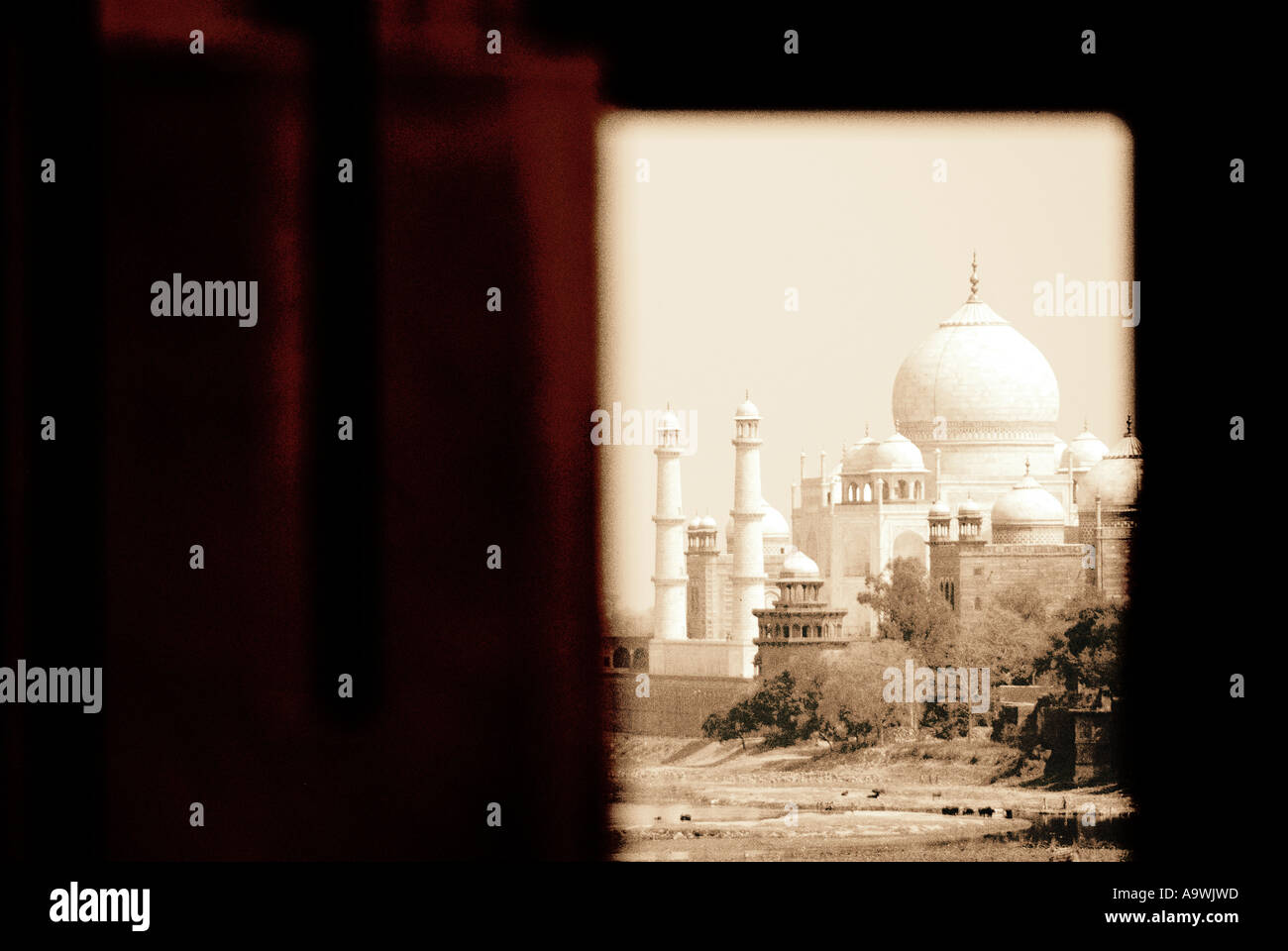 Taj Mahal dall'interno di Agra fort Uttar Pradesh, India Foto Stock