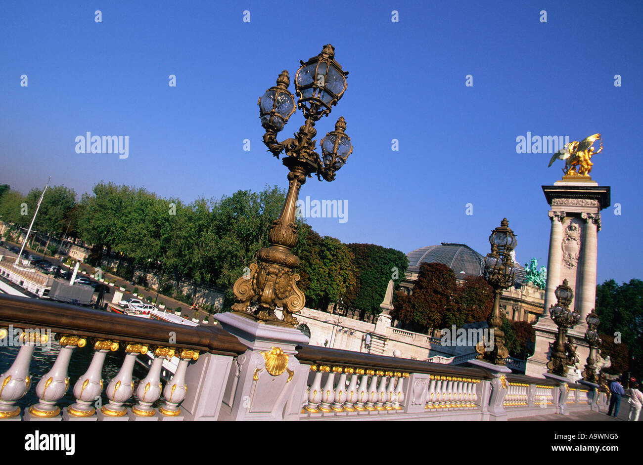 Parigi la Senna Pont Alexandre III architettura in stile Beaux-Arts, monumento storico, ponte ornato. Francia, lampade di strada Art Nouveau Belle Epoque Foto Stock