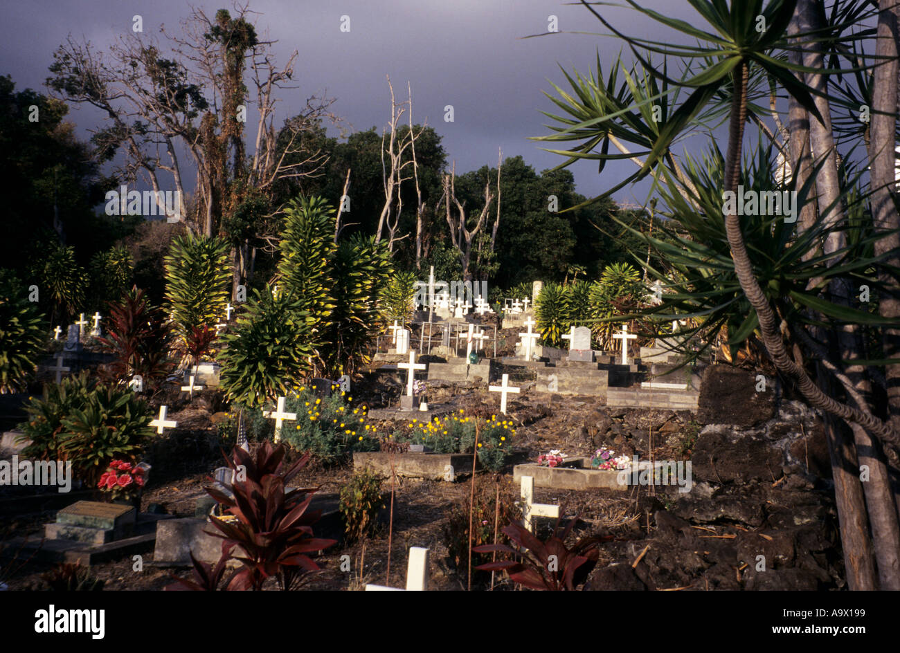 Cimitero con fiori e arbusti tra crocifissi bianchi nella Chiesa cattolica di San Benedetto (la Chiesa dipinta). Big Island, Hawaii, Stati Uniti. Foto Stock