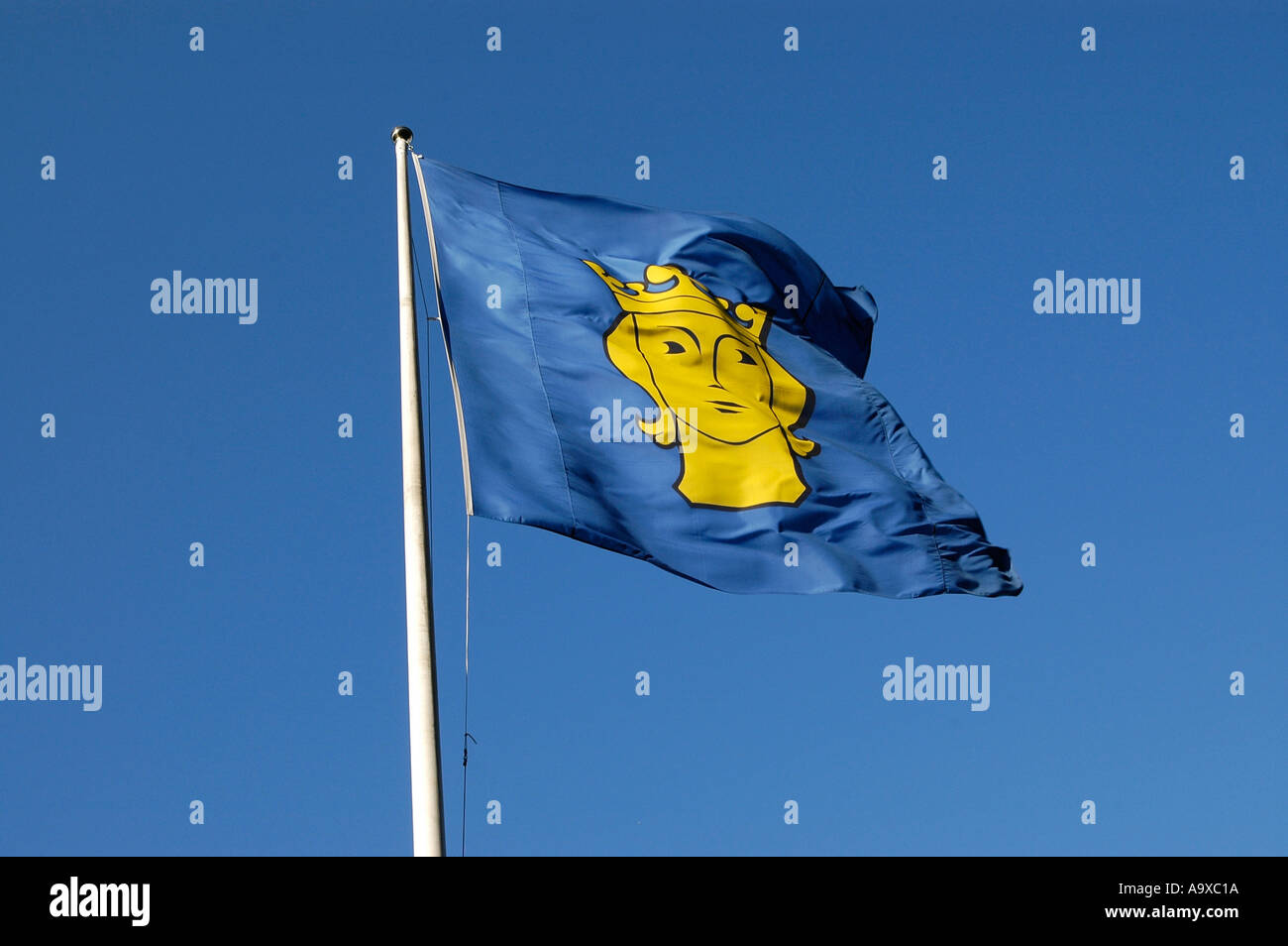 La bandiera di sant Erik simbolo di Stoccolma fluttuante nel vento presso il Municipio di Stoccolma Svezia Foto Stock