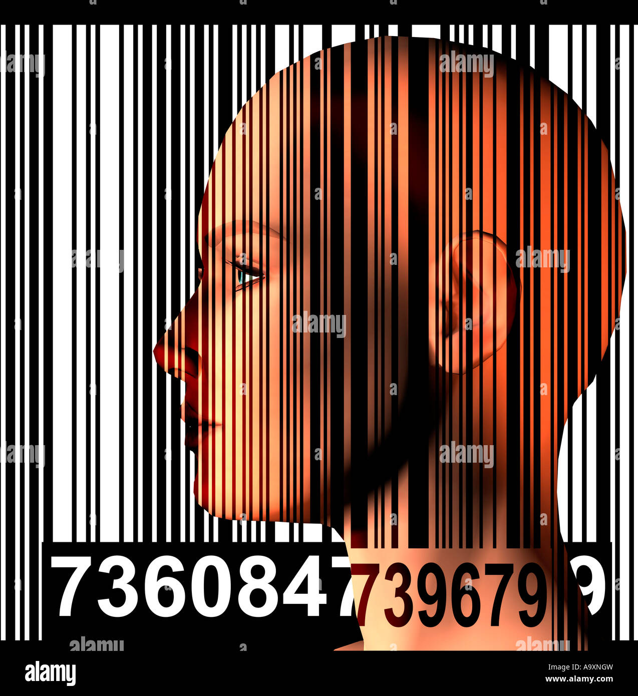 Il futuristico 3D generata dal computer robot femmina head bar codice immagine combinate Foto Stock