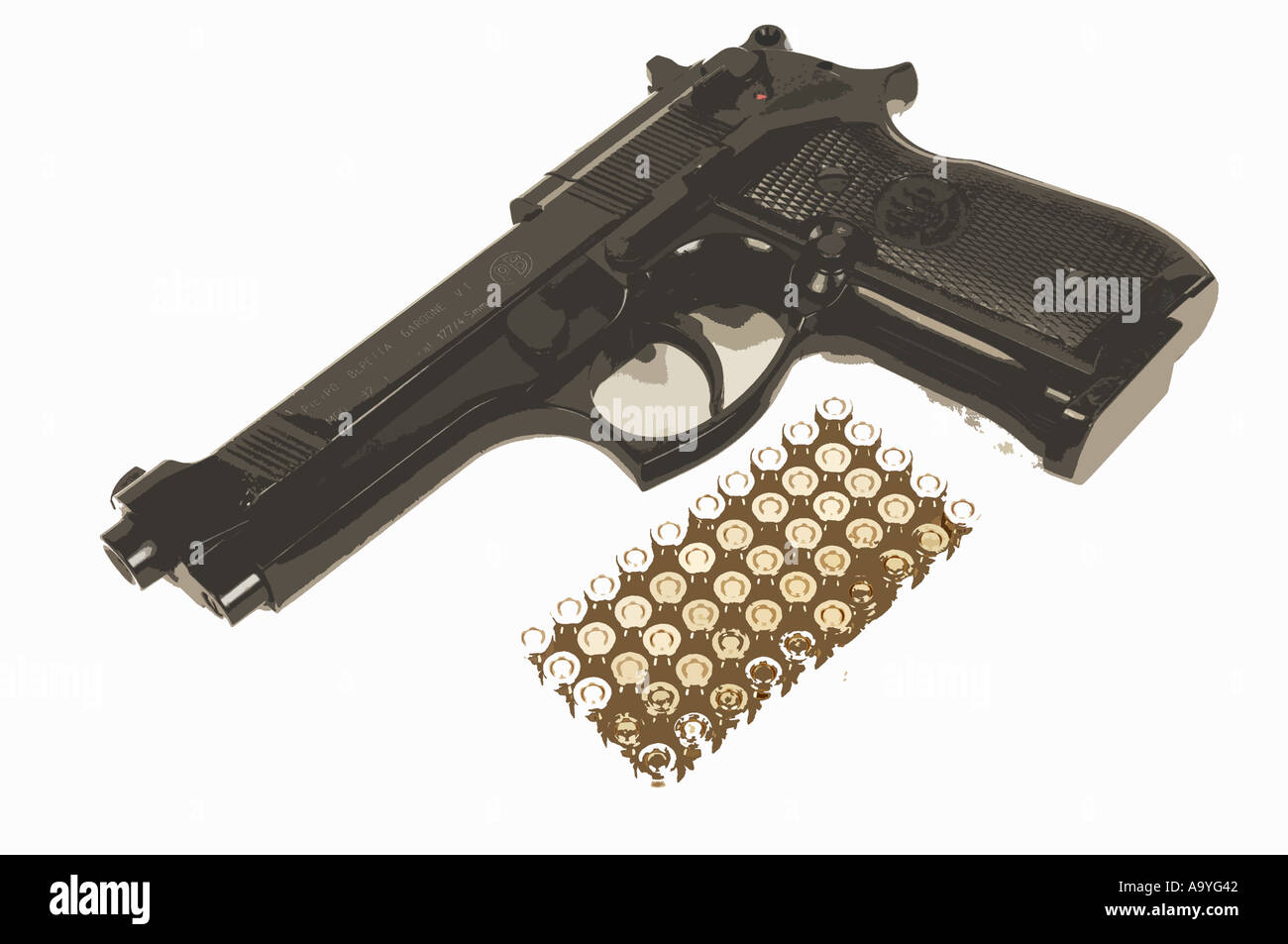Illustrazione di una pistola beretta con proiettili munizioni Foto Stock