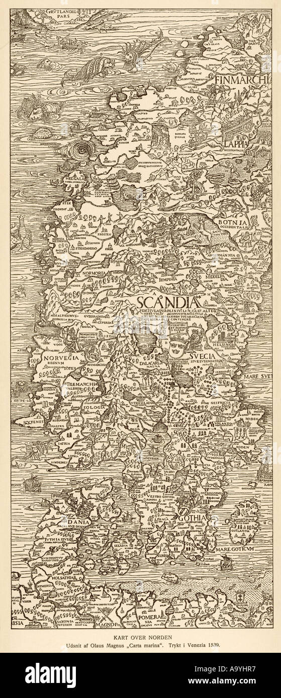 Mappa Scandinavia 1539 Foto Stock