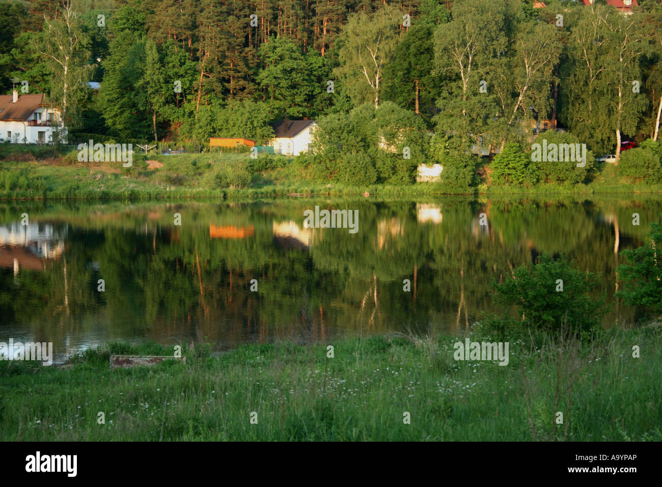 Tranquillo scenario lacustre con riflessi di alberi e case nell'acqua, circondato da vegetazione lussureggiante in un tranquillo ambiente di campagna. Foto Stock