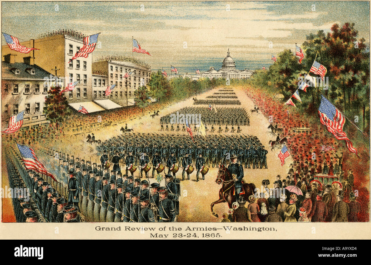 Grand Revisione degli eserciti alla fine della guerra civile in Pennsylvania Avenue a Washington DC, maggio 1865. Litografia a colori Foto Stock