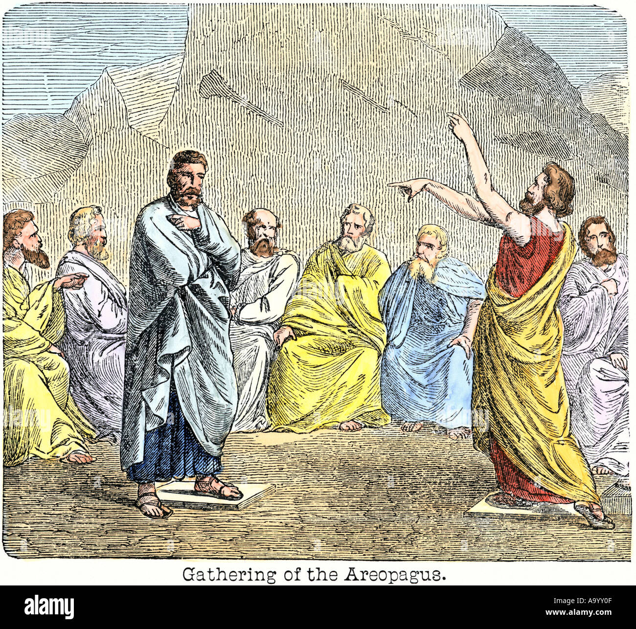 Raduno di areopago una corte deliberativo che si è riunito all'aria aperta antica Atene. Colorate a mano la xilografia Foto Stock