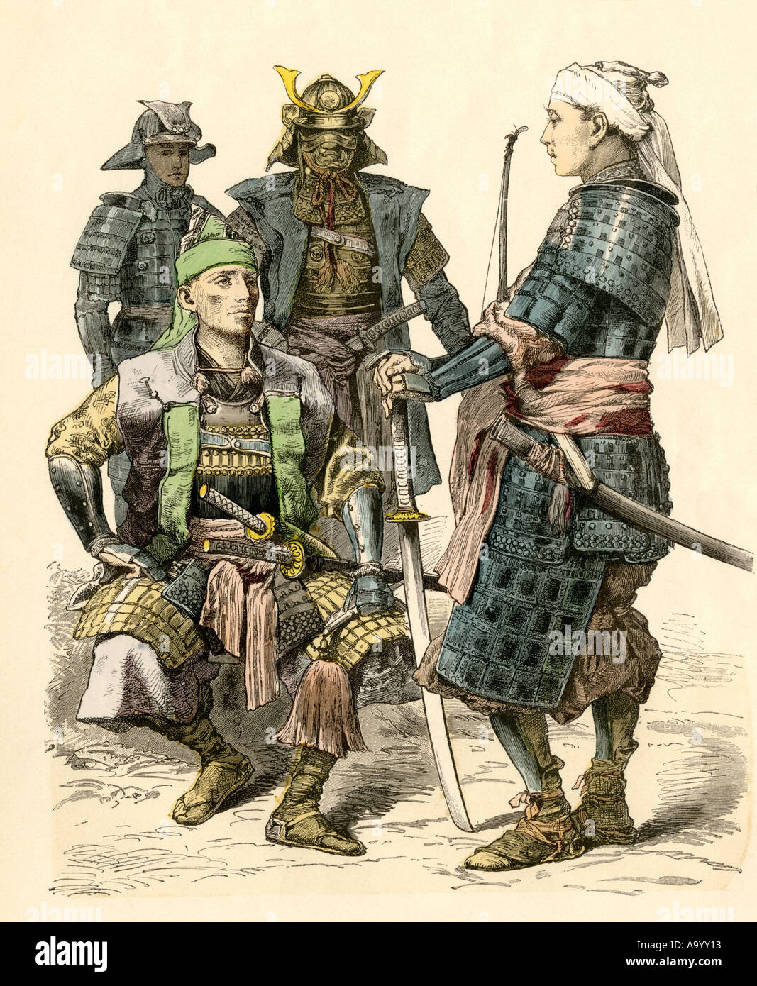 Samurai Giapponese di guerrieri in armatura completa. Colorate a mano la stampa Foto Stock