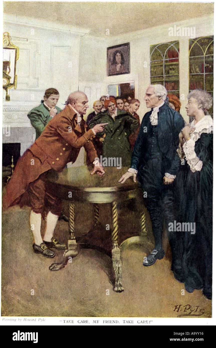 Samuel Adams avvertenza British Royal governatore Thomas Hutchinson dopo il massacro di Boston 1770. Colore mezzetinte di Howard Pyle illustrazione Foto Stock