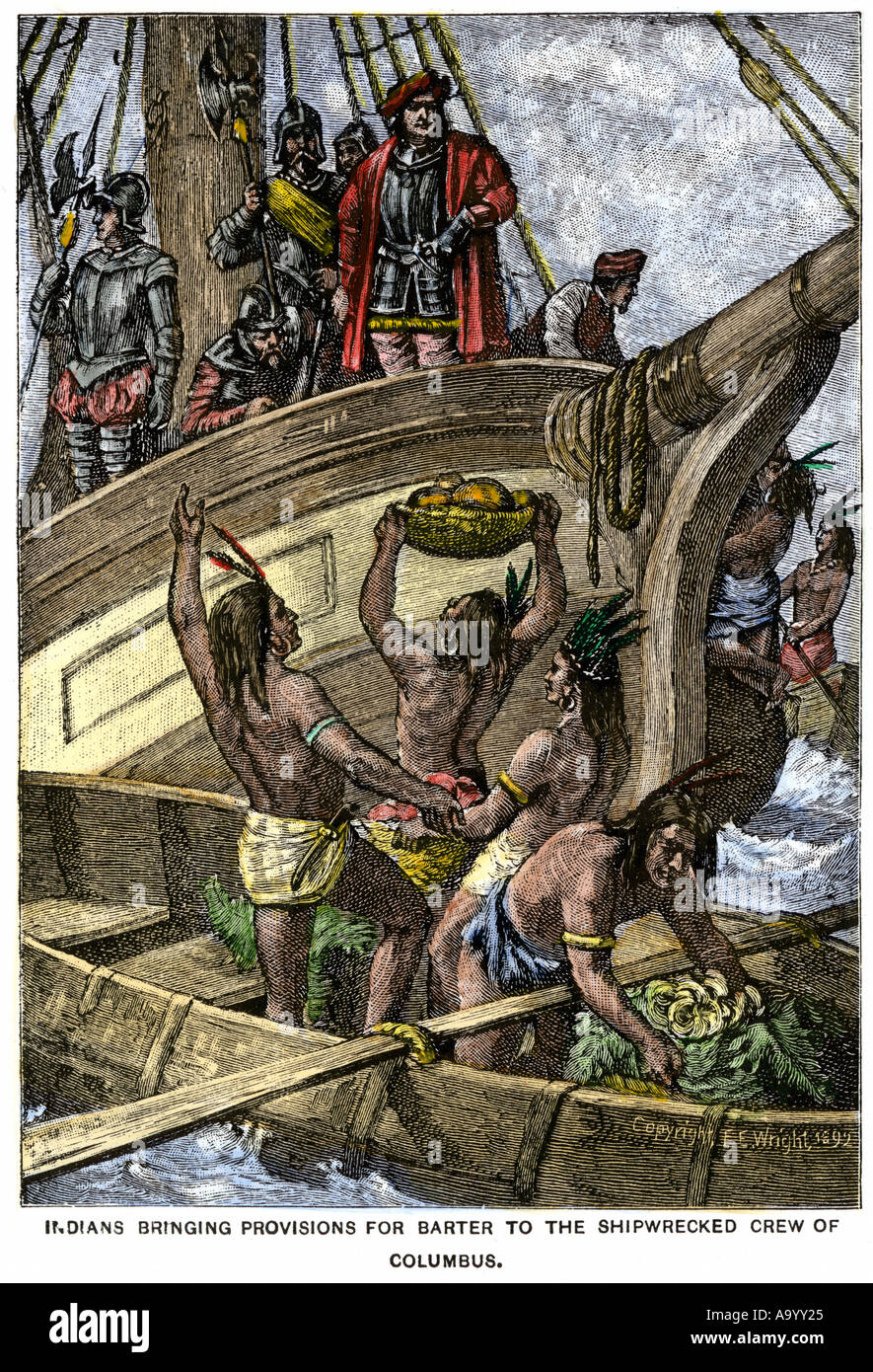 Caraibi nativi portare disposizioni per il naufrago equipaggio di Columbus 1492. Colorate a mano la xilografia Foto Stock