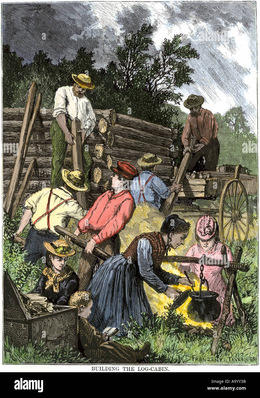 Pionieri costruendo un log cabin 1800s. Colorate a mano la xilografia Foto Stock