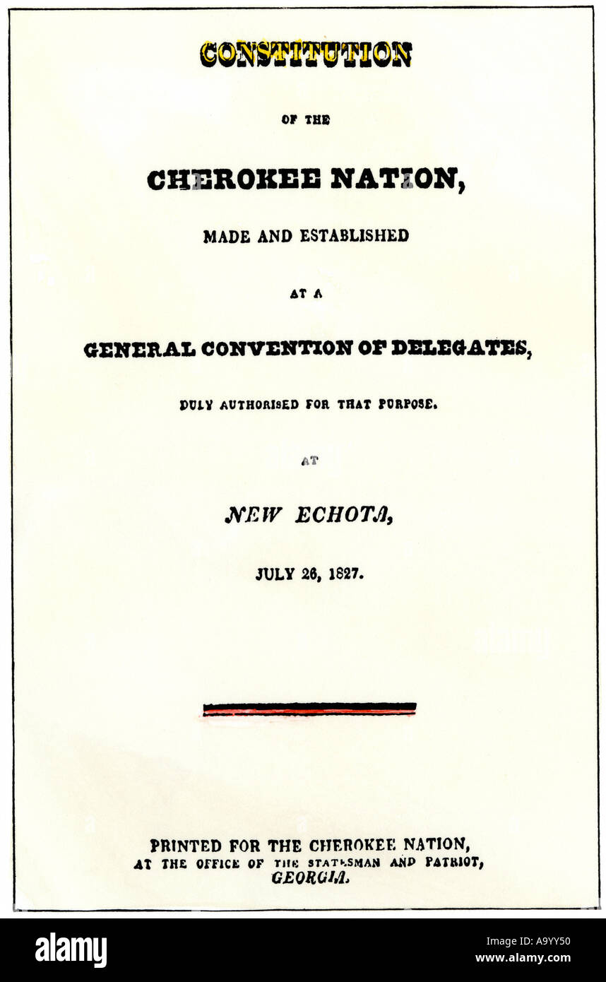 Pagina del titolo di Costituzione della Nazione Cherokee 1827 New Echota Georgia. Xilografia con un lavaggio ad acquerello Foto Stock