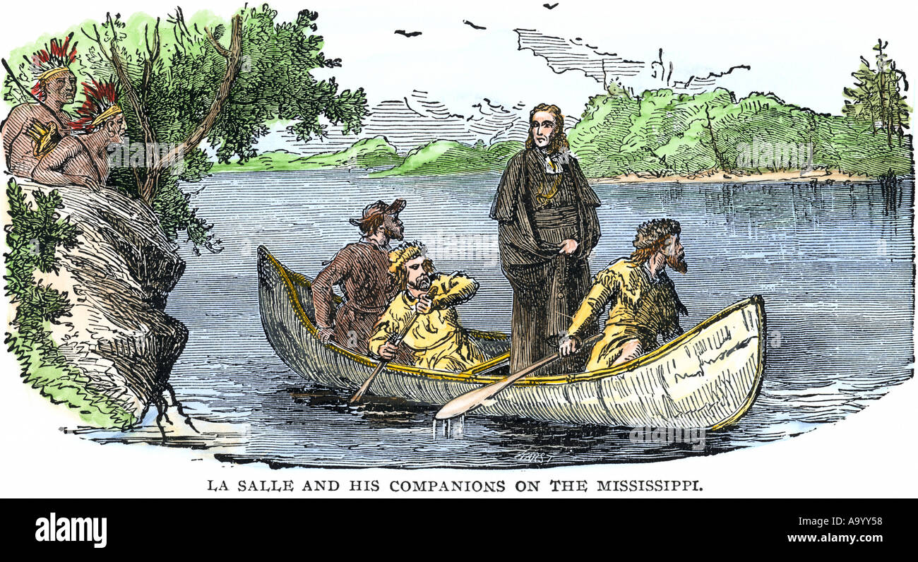 Giovanni Battista de La Salle e i suoi compagni ad esplorare il basso Mississippi per la Francia nel 1682. Colorate a mano la xilografia Foto Stock