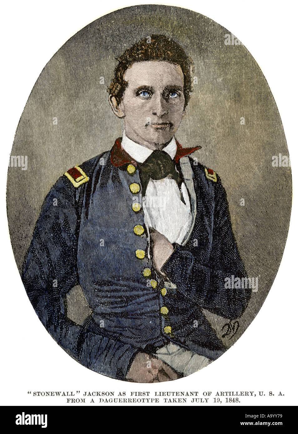 Young Thomas Jackson quando era primo tenente di artiglieria US Army 1848 più tardi noto come Stonewall Jackson. Colorate a mano la xilografia Foto Stock