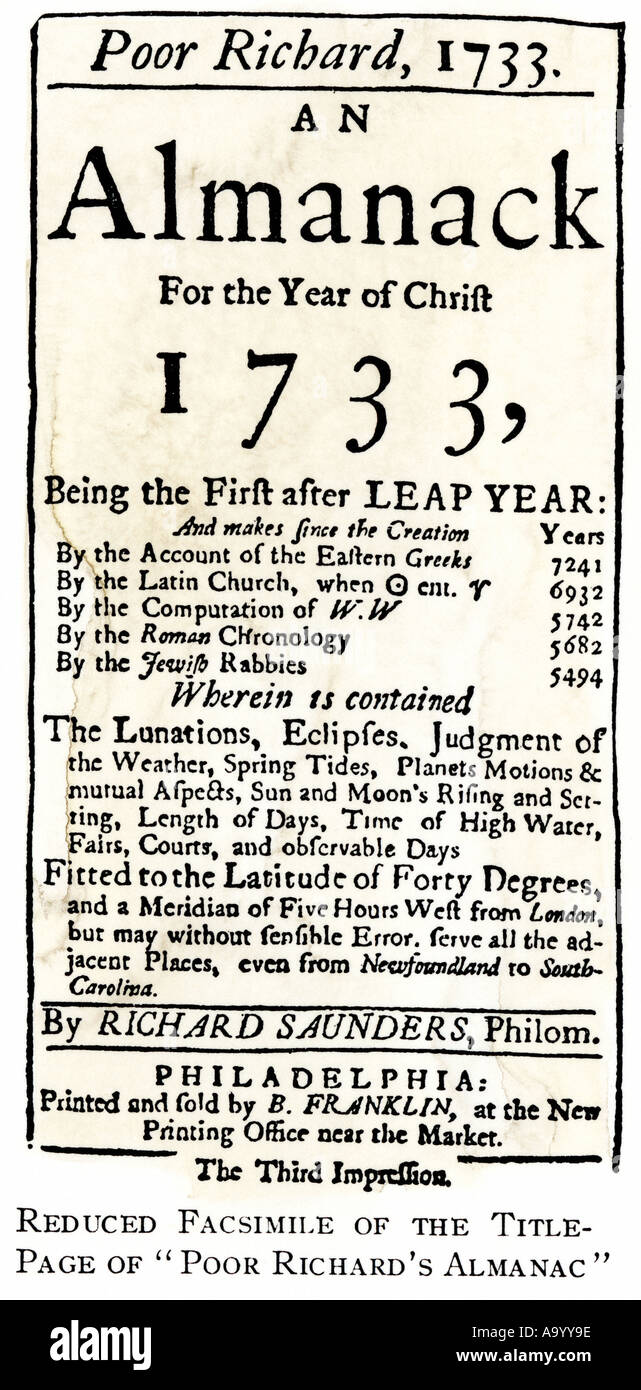Titolo pagina del povero Richards Almanack pubblicato da Benjamin Franklin 1733. Xilografia con un lavaggio ad acquerello Foto Stock