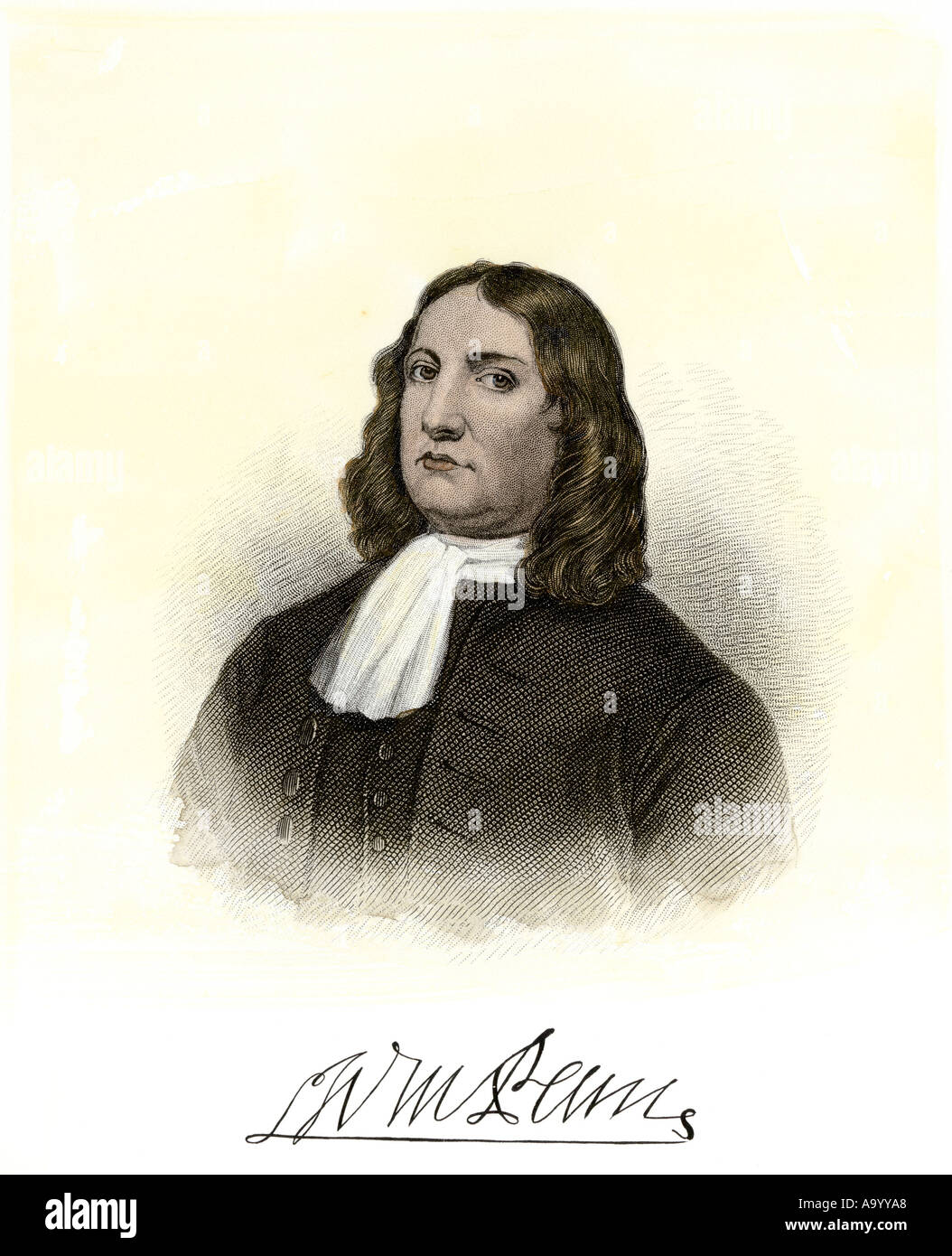 William Penn con autografo. Colorate a mano incisione in acciaio Foto Stock