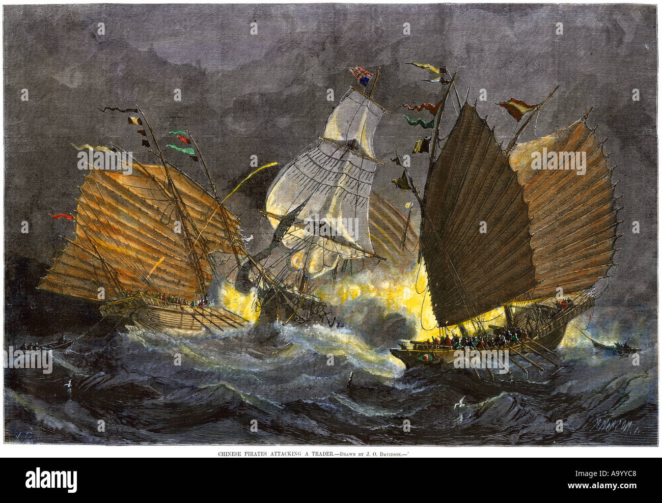 Pirati cinesi di attaccare una nave mercantile 1800s. Colorate a mano la xilografia Foto Stock