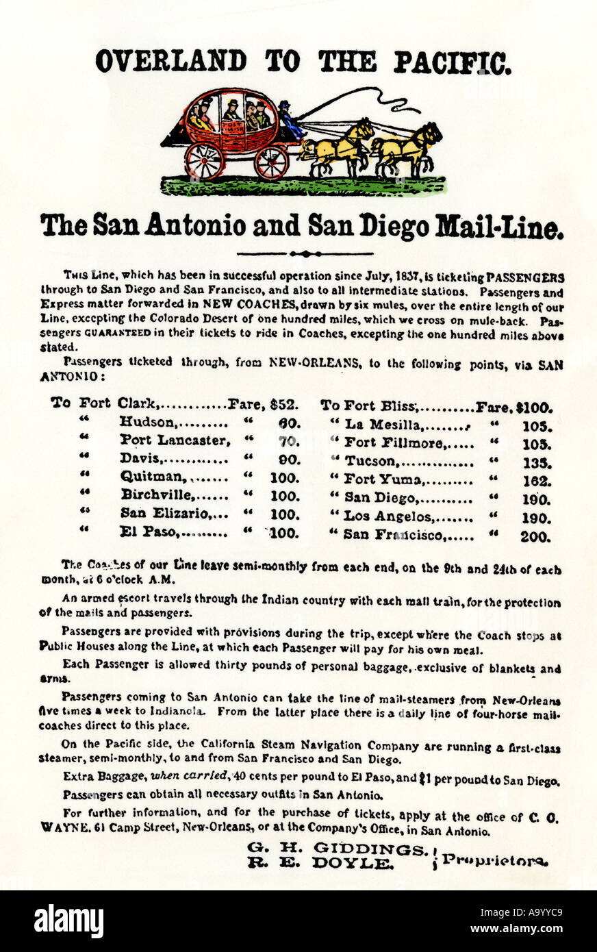Annuncio per il San Antonio San Diego overland stagecoach linea 1838. Colorate a mano la xilografia Foto Stock