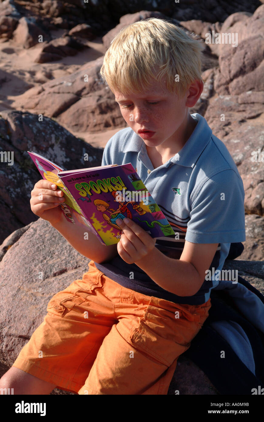Little Boy la lettura di un libro a fumetti sulla spiaggia Foto Stock