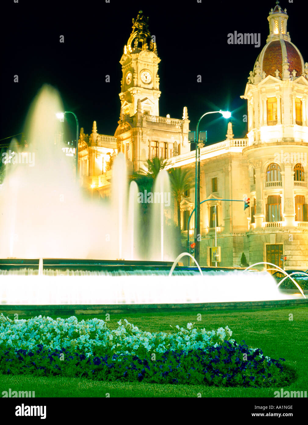 Valencia Town Hall di notte Spagna Foto Stock