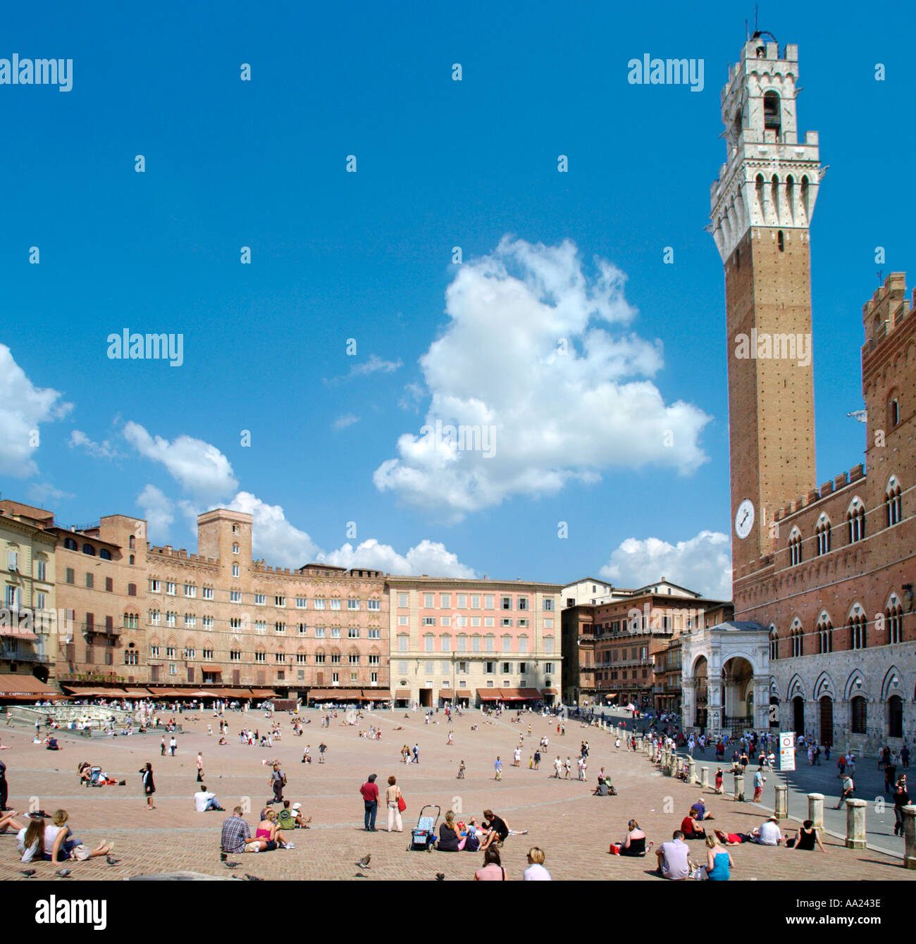 Il campo con la Torre del Mangia e il Palazzo Publico a destra, Siena, Toscana, Italia Foto Stock