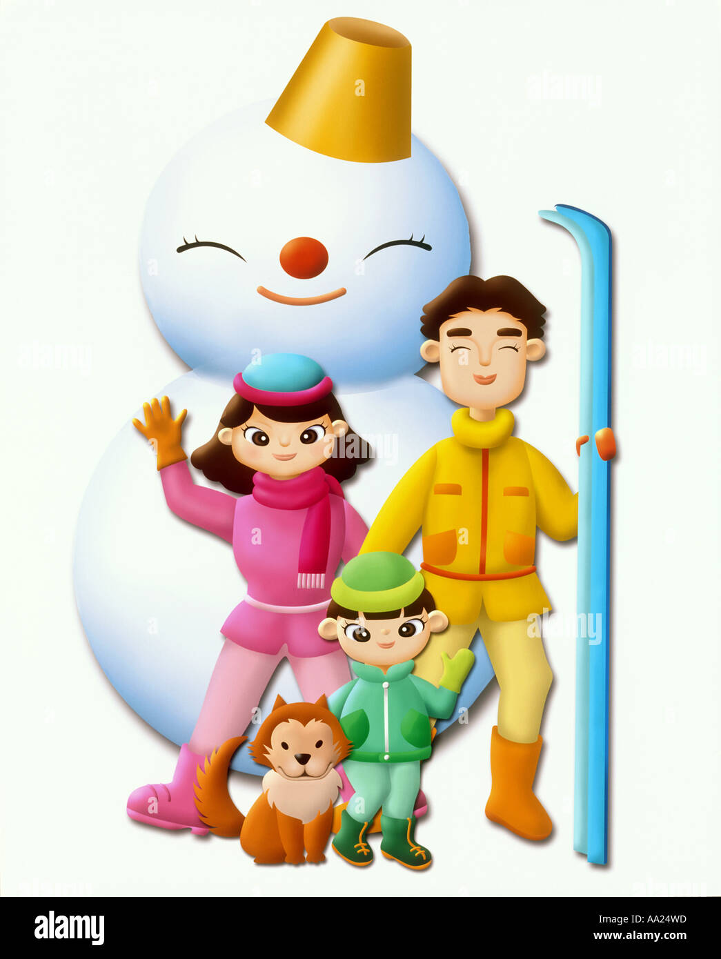 Illustrazione della famiglia in inverno Foto Stock