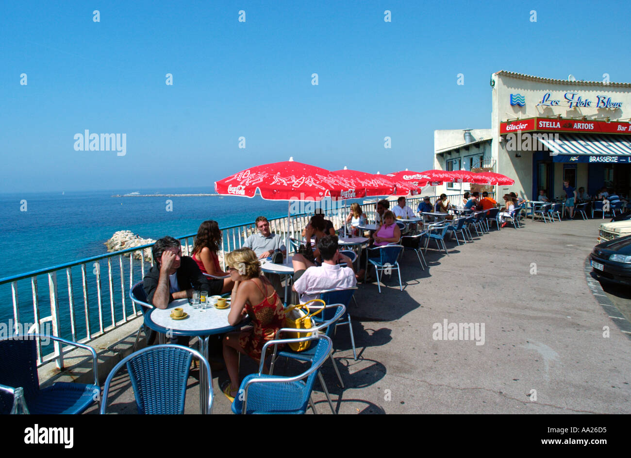 Cafe sulla Corniche Presidente Kennedy, Marsiglia, Francia Foto Stock