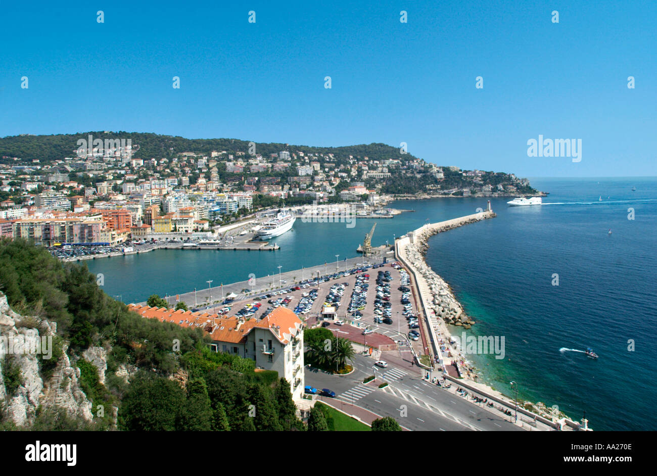 Vista sopra la zona del porto da Chateau, Nice, Francia Foto Stock