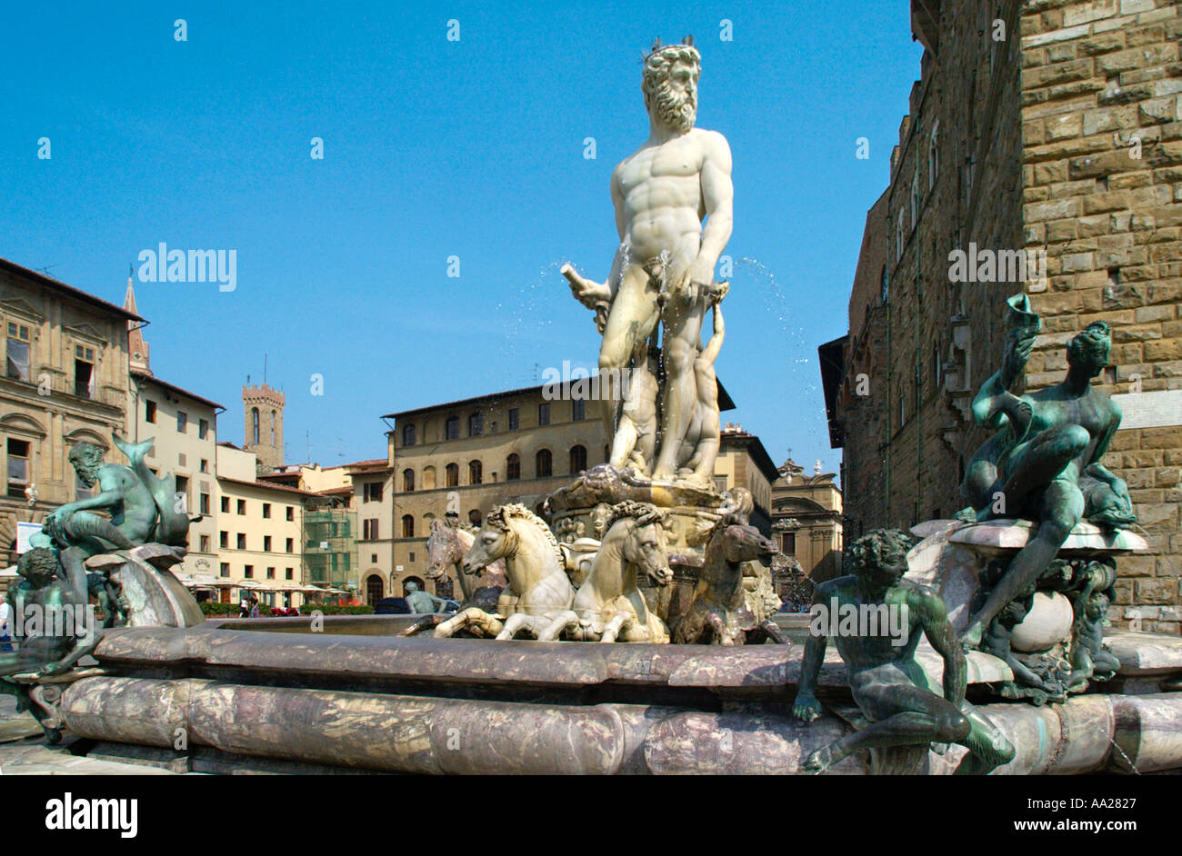 Fontana del Nettuno di Bartolomeo Ammannati, Piazza della Signoria, Firenze, Toscana, Italia Foto Stock